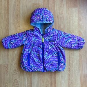 EUC Patagonia Baby Girl Puffer Reversible Coat-Purple with Colorful Pattern